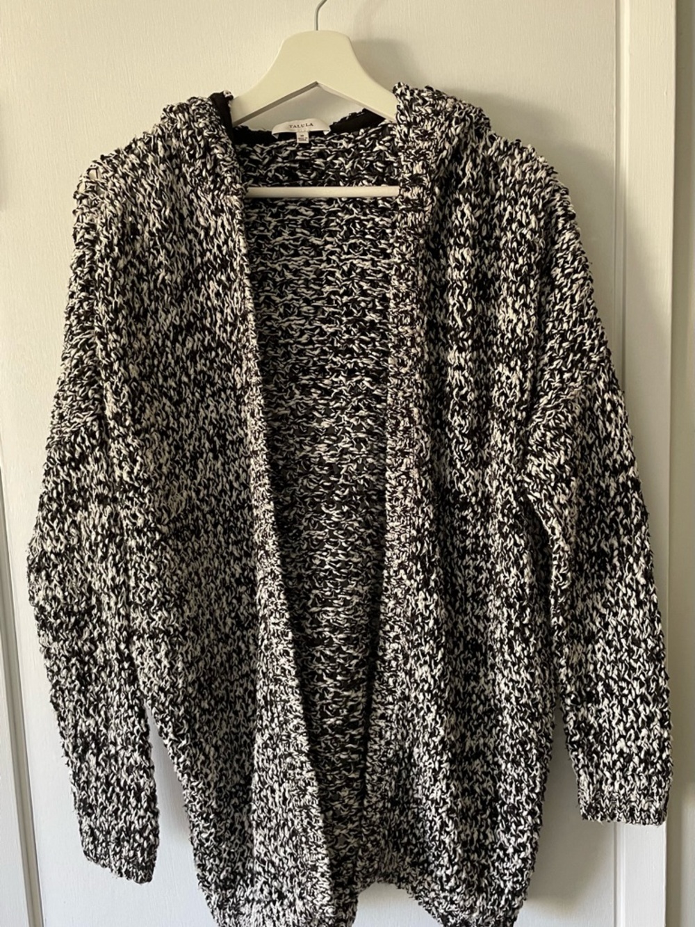 Talula Hooded Open Cardigan Black White Marled Knit Cozy Oversized Size M